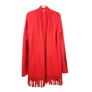 Lilly Pulitzer Tatum Open Cardigan Picante Coral Fringe Scallop Size XL
